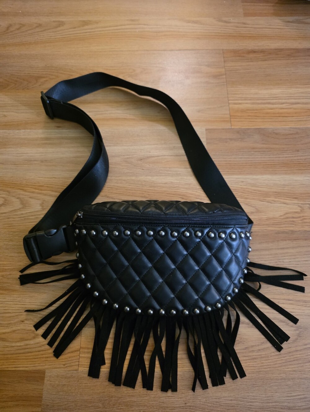 Quilted Fringe Belt Bag - Black - Fanny Pack